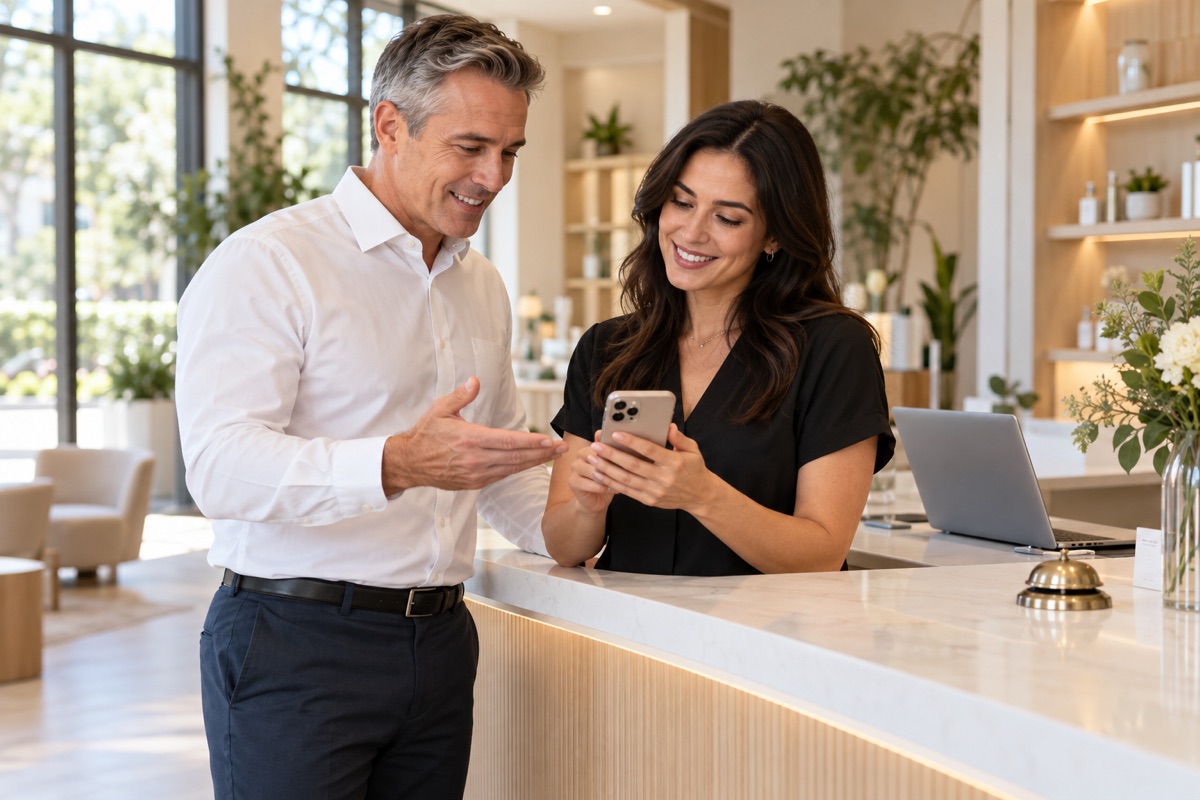 Illustrative specialist helping a business owner check a customer confirmation on her phone