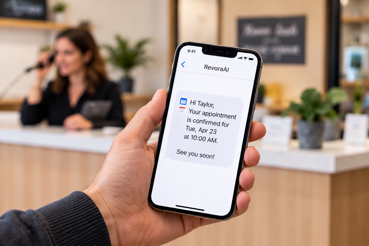 Illustrative close-up of an appointment confirmation on a phone at a business reception