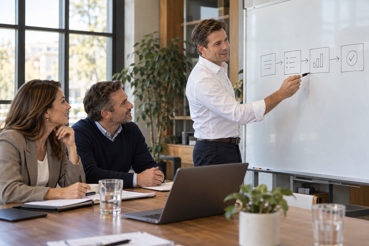 Illustrative specialist planning a custom solution with business leaders