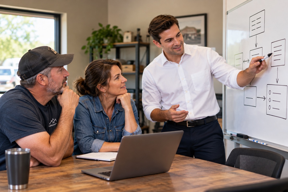 Illustrative specialist planning a custom workflow with business owners at a whiteboard