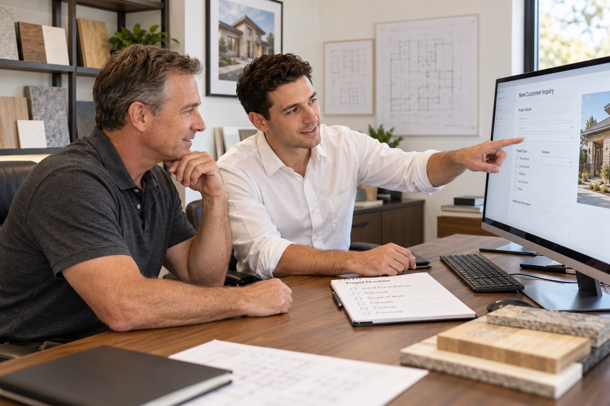 Illustrative specialist organizing customer inquiries with a contractor at his office