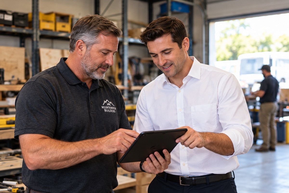 Illustrative specialist reviewing inquiries on a tablet with a contractor in a workshop