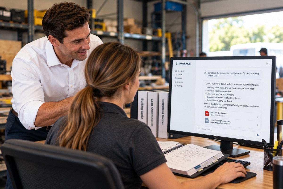 Illustrative over-the-shoulder view of an employee using a company knowledge assistant